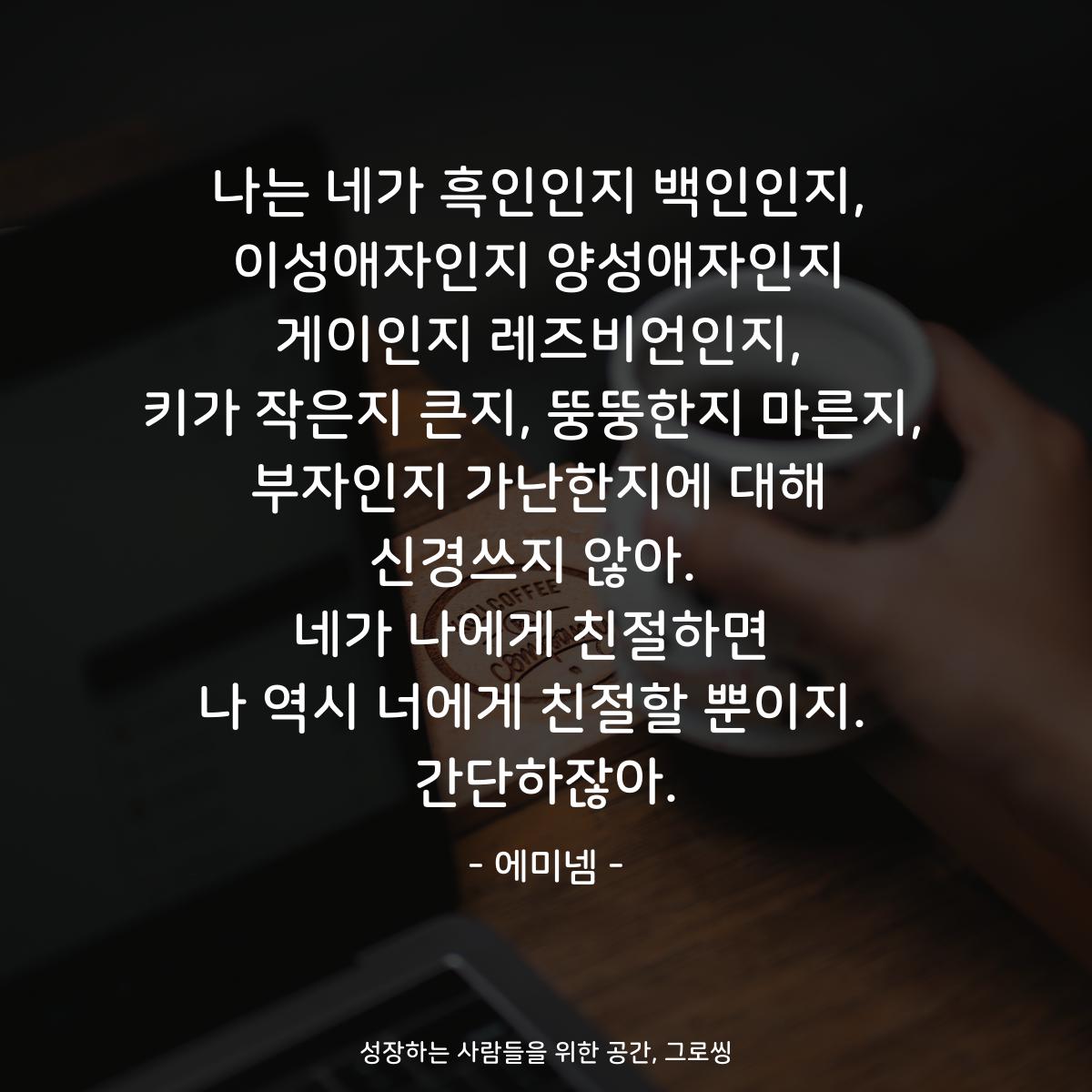 나는 네가 흑인인지 백인인지, 이성애자인지 양성애자인지 게이인지 레즈비언인지, 키가 작은지 큰지, 뚱뚱한지 마른지,  부자인지 가난한지에 대해 신경쓰지 않아.  네가 나에게 친절하면  나 역시 너에게 친절할 뿐이지.  간단하잖아. - 에미넴