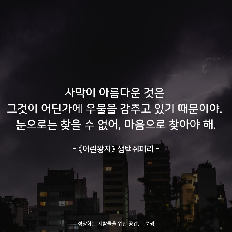 사막이 아름다운 것은 그것이 어딘가에 우물을 감추고 있기 때문이야. 눈으로는 찾을 수 없어, 마음으로 찾아야 해. - 책 《어린왕자》 생택쥐페리