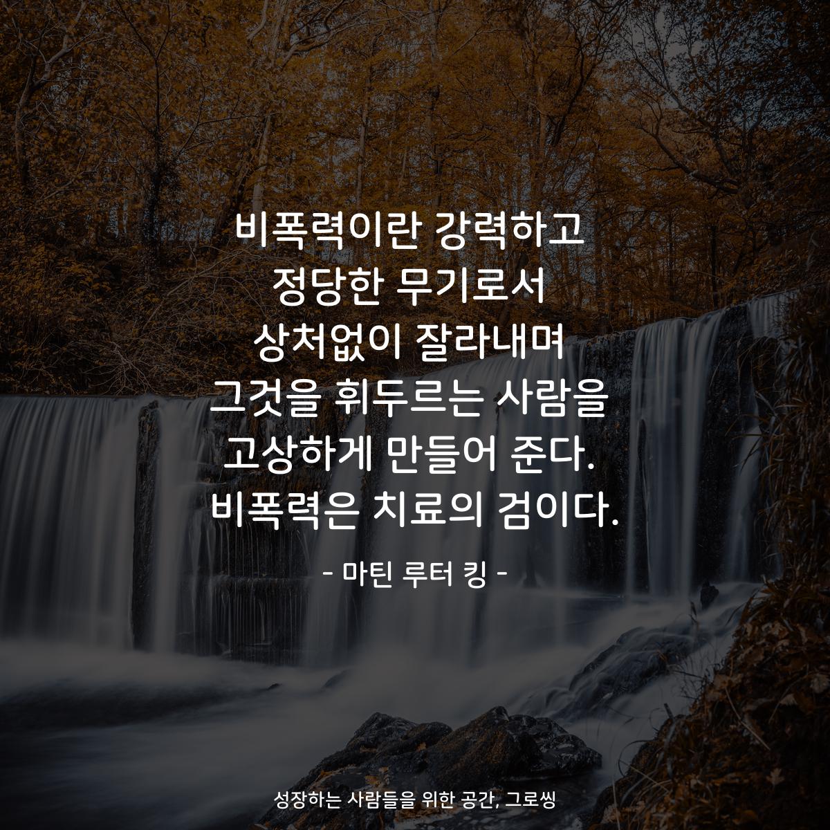 비폭력이란 강력하고 정당한 무기로서 상처없이 잘라내며 그것을 휘두르는 사람을 고상하게 만들어 준다. 비폭력은 치료의 검이다. - 마틴 루터 킹