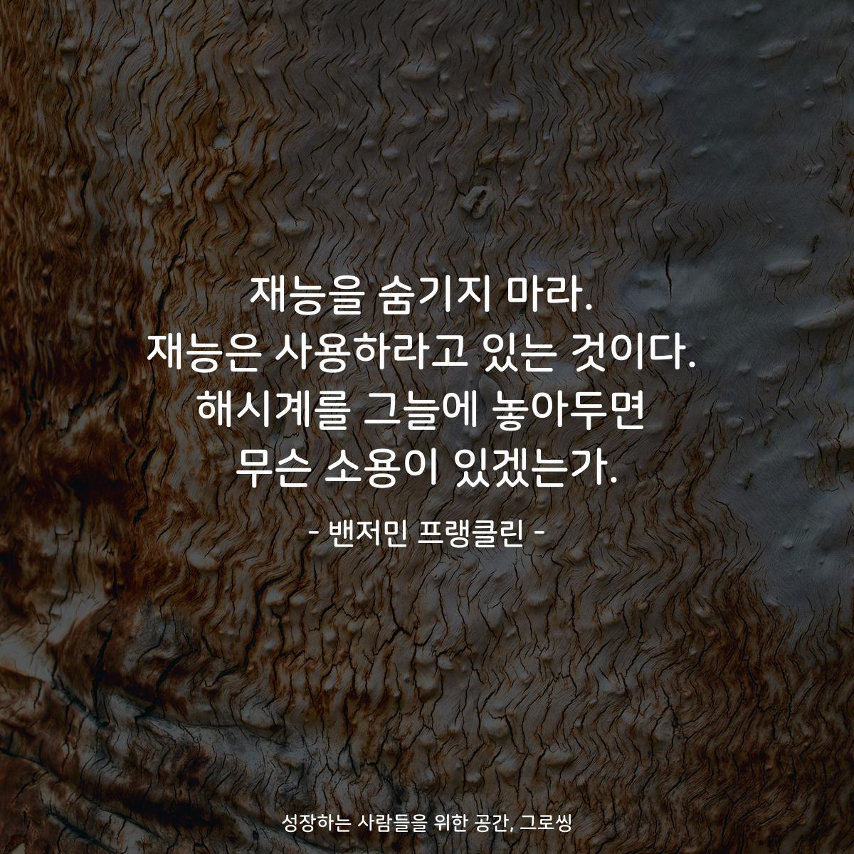 재능을 숨기지 마라. 재능은 사용하라고 있는 것이다. 해시계를 그늘에 놓아두면 무슨 소용이 있겠는가. - 밴저민 프랭클린