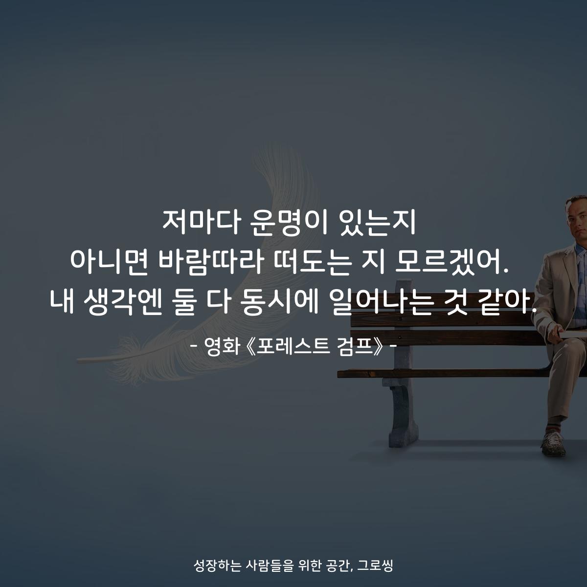저마다 운명이 있는지 아니면 바람따라 떠도는 지 모르겠어. 내 생각엔 둘 다 동시에 일어나는 것 같아. - 영화 《포레스트 검프》