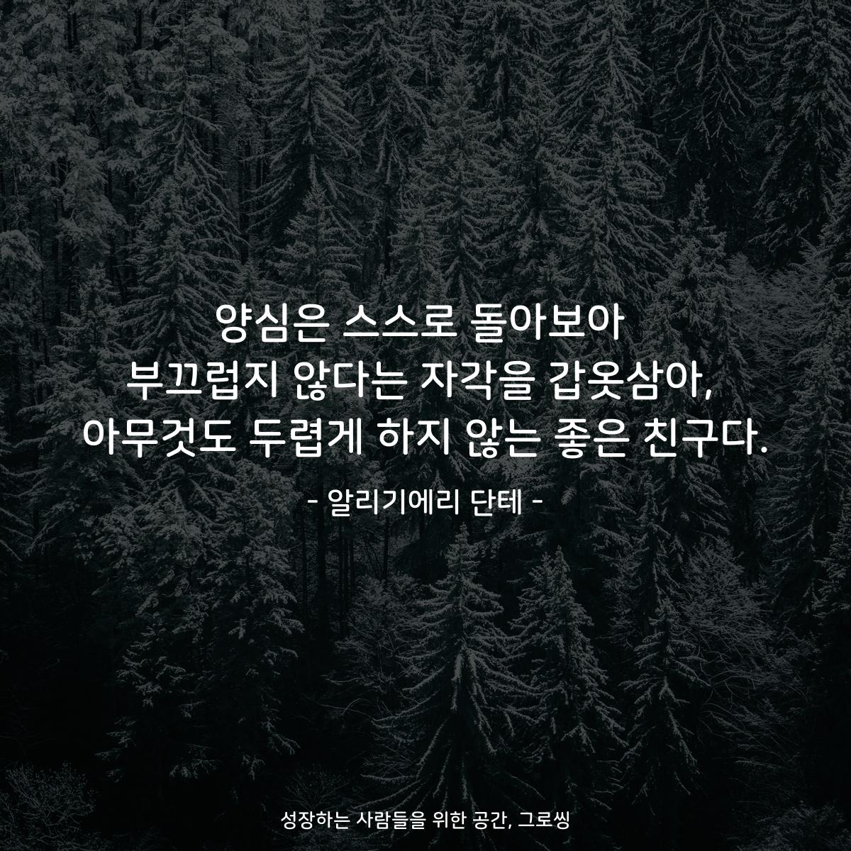 양심은 스스로 돌아보아 부끄럽지 않다는 자각을 갑옷삼아, 아무것도 두렵게 하지 않는 좋은 친구다. - 알리기에리 단테