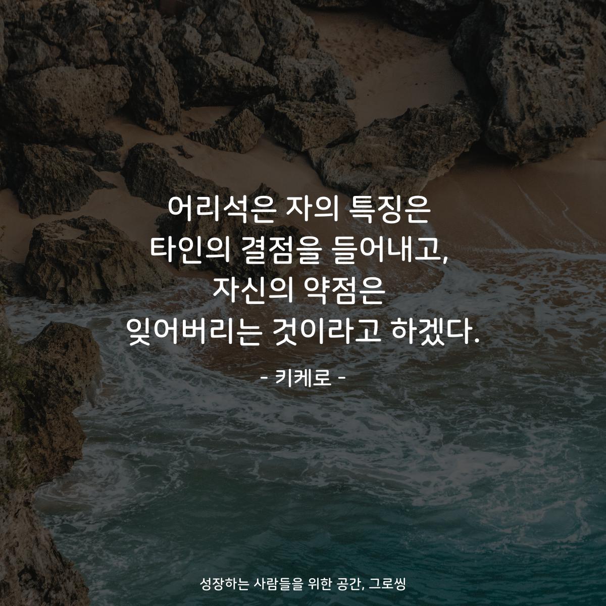 어리석은 자의 특징은 타인의 결점을 들어내고, 자신의 약점은 잊어버리는 것이라고 하겠다. - 키케로