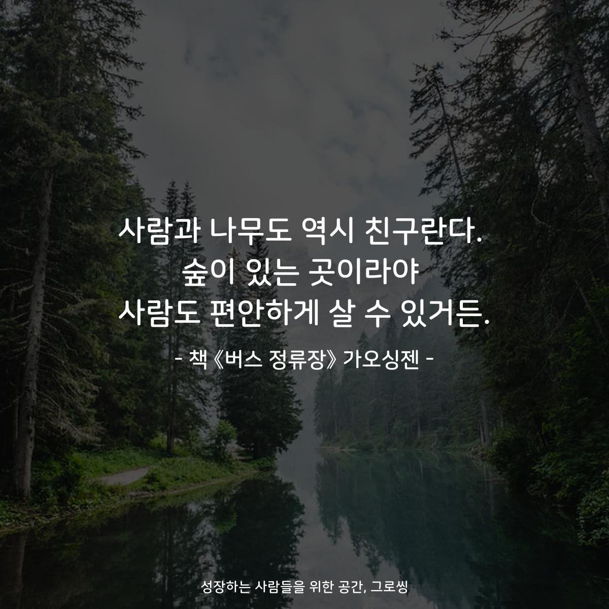 사람과 나무도 역시 친구란다. 숲이 있는 곳이라야 사람도 편안하게 살 수 있거든. - 책 《버스 정류장》 가오싱젠