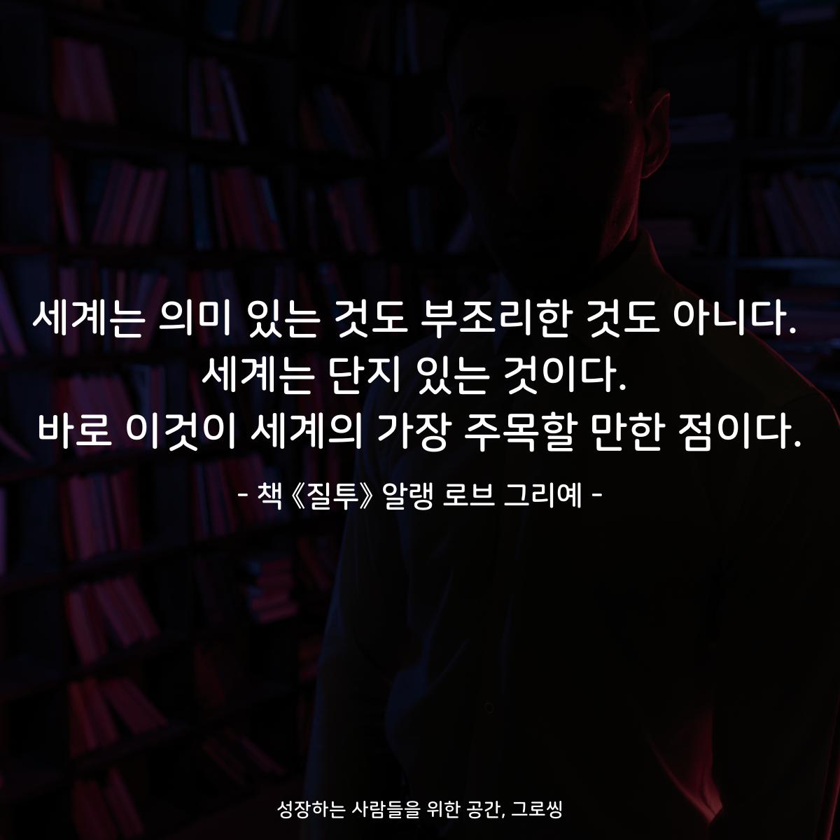 세계는 의미 있는 것도 부조리한 것도 아니다. 세계는 단지 있는 것이다. 바로 이것이 세계의 가장 주목할 만한 점이다. - 책 《질투》 알랭 로브 그리예