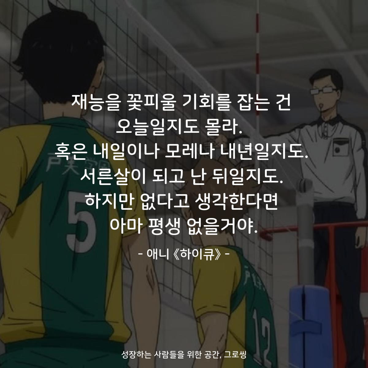 재능을 꽃피울 기회를 잡는 건 오늘일지도 몰라.  혹은 내일이나 모레나 내년일지도. 서른살이 되고 난 뒤일지도. 하지만 없다고 생각한다면 아마 평생 없을거야. - 애니 《하이큐》