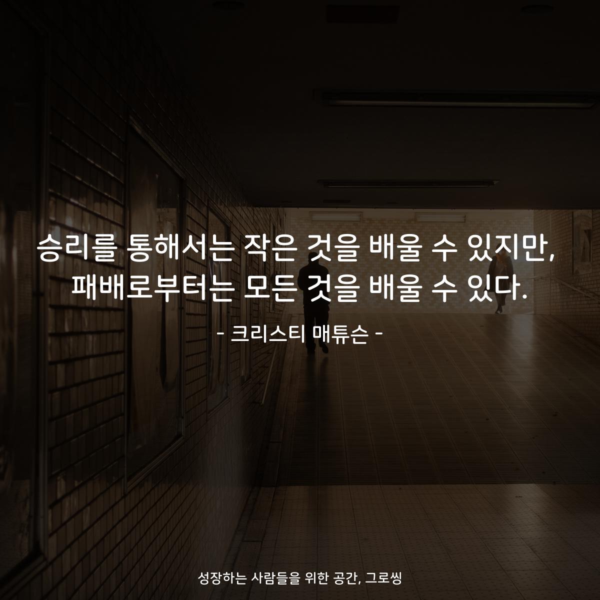 승리를 통해서는 작은 것을 배울 수 있지만, 패배로부터는 모든 것을 배울 수 있다. - 크리스티 매튜슨