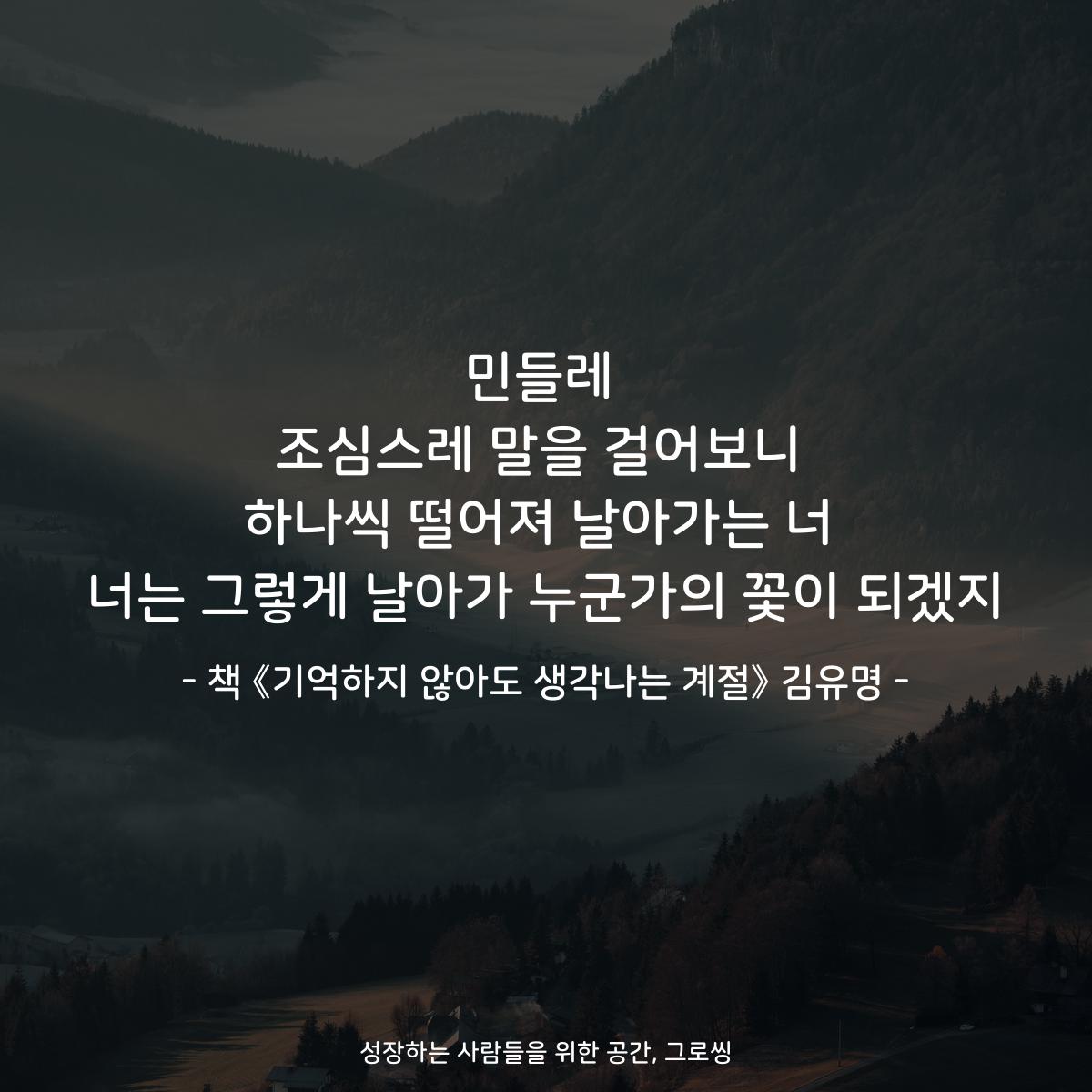 민들레 조심스레 말을 걸어보니 하나씩 떨어져 날아가는 너 너는 그렇게 날아가 누군가의 꽃이 되겠지 - 책 《기억하지 않아도 생각나는 계절》 김유명