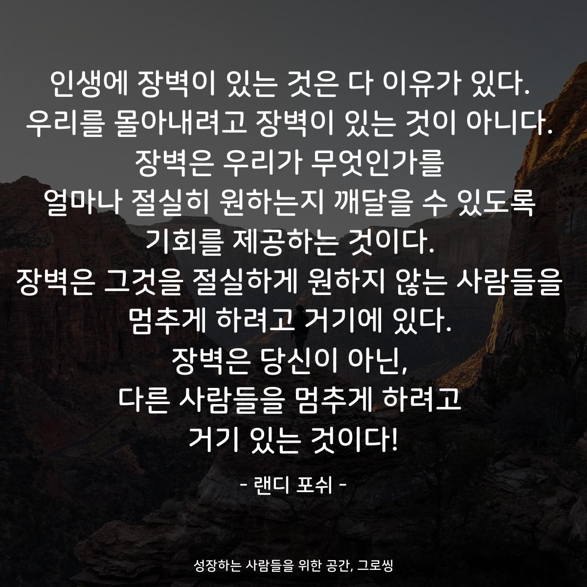 인생에 장벽이 있는 것은 다 이유가 있다. 우리를 몰아내려고 장벽이 있는 것이 아니다. 장벽은 우리가 무엇인가를 얼마나 절실히 원하는지 깨달을 수 있도록 기회를 제공하는 것이다. 장벽은 그것을 절실하게 원하지 않는 사람들을 멈추게 하려고 거기에 있다. 장벽은 당신이 아닌, 다른 사람들을 멈추게 하려고 거기 있는 것이다! - 랜디 포쉬