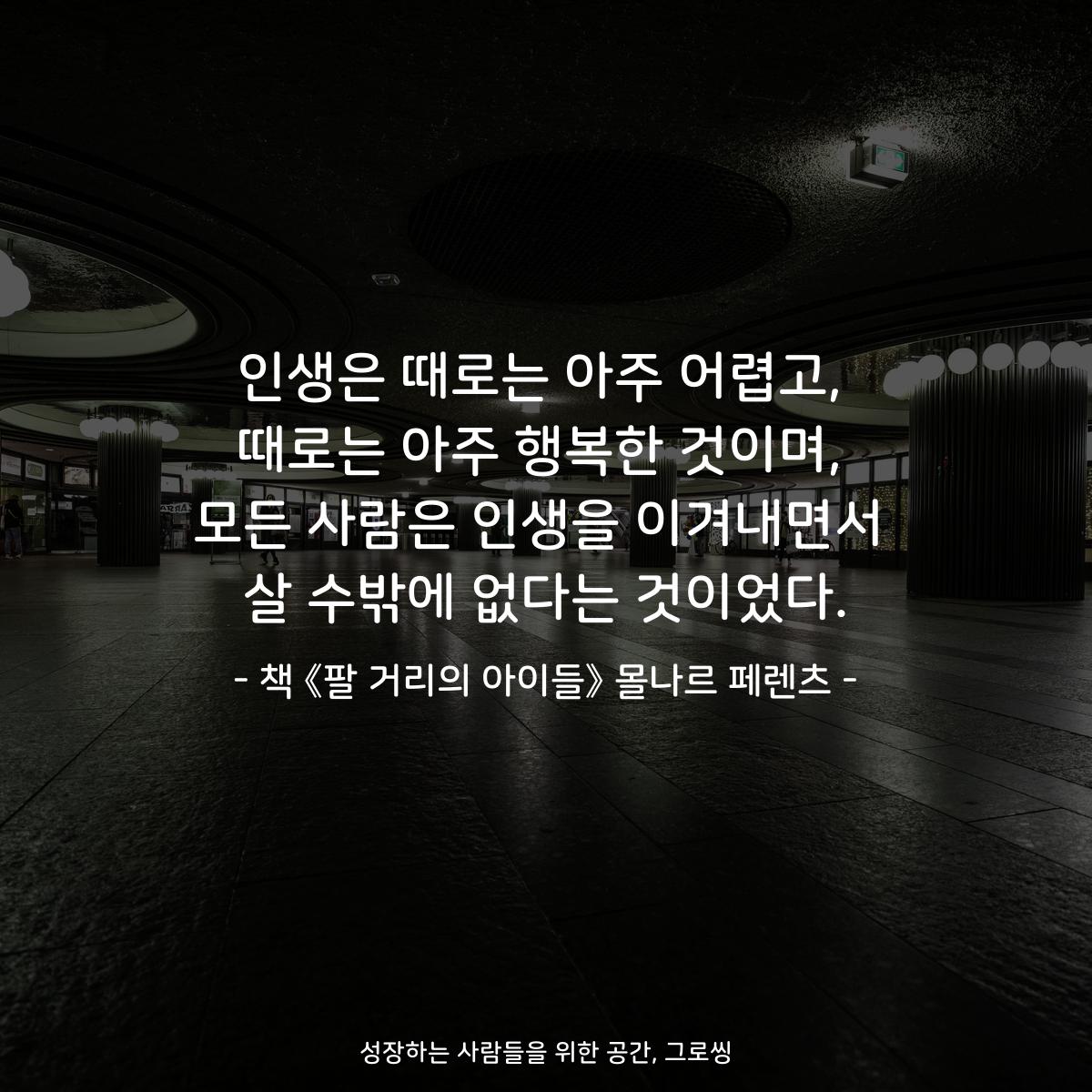 인생은 때로는 아주 어렵고, 때로는 아주 행복한 것이며, 모든 사람은 인생을 이겨내면서 살 수밖에 없다는 것이었다. - 책 《팔 거리의 아이들》 몰나르 페렌츠