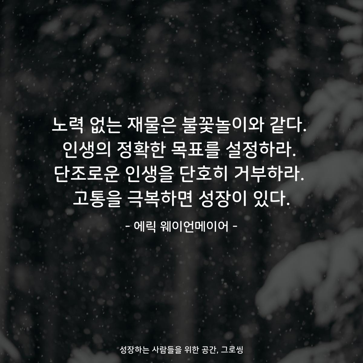 노력 없는 재물은 불꽃놀이와 같다. 인생의 정확한 목표를 설정하라. 단조로운 인생을 단호히 거부하라. 고통을 극복하면 성장이 있다. - 에릭 웨이언메이어