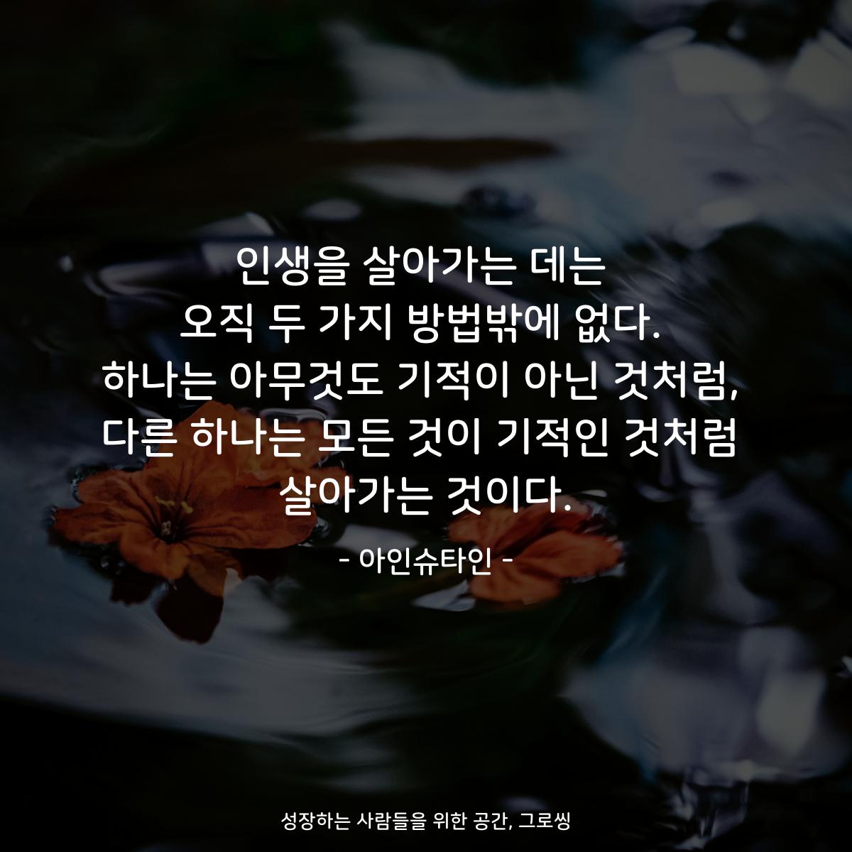 인생을 살아가는 데는 오직 두 가지 방법밖에 없다. 하나는 아무것도 기적이 아닌 것처럼, 다른 하나는 모든 것이 기적인 것처럼 살아가는 것이다. - 아인슈타인