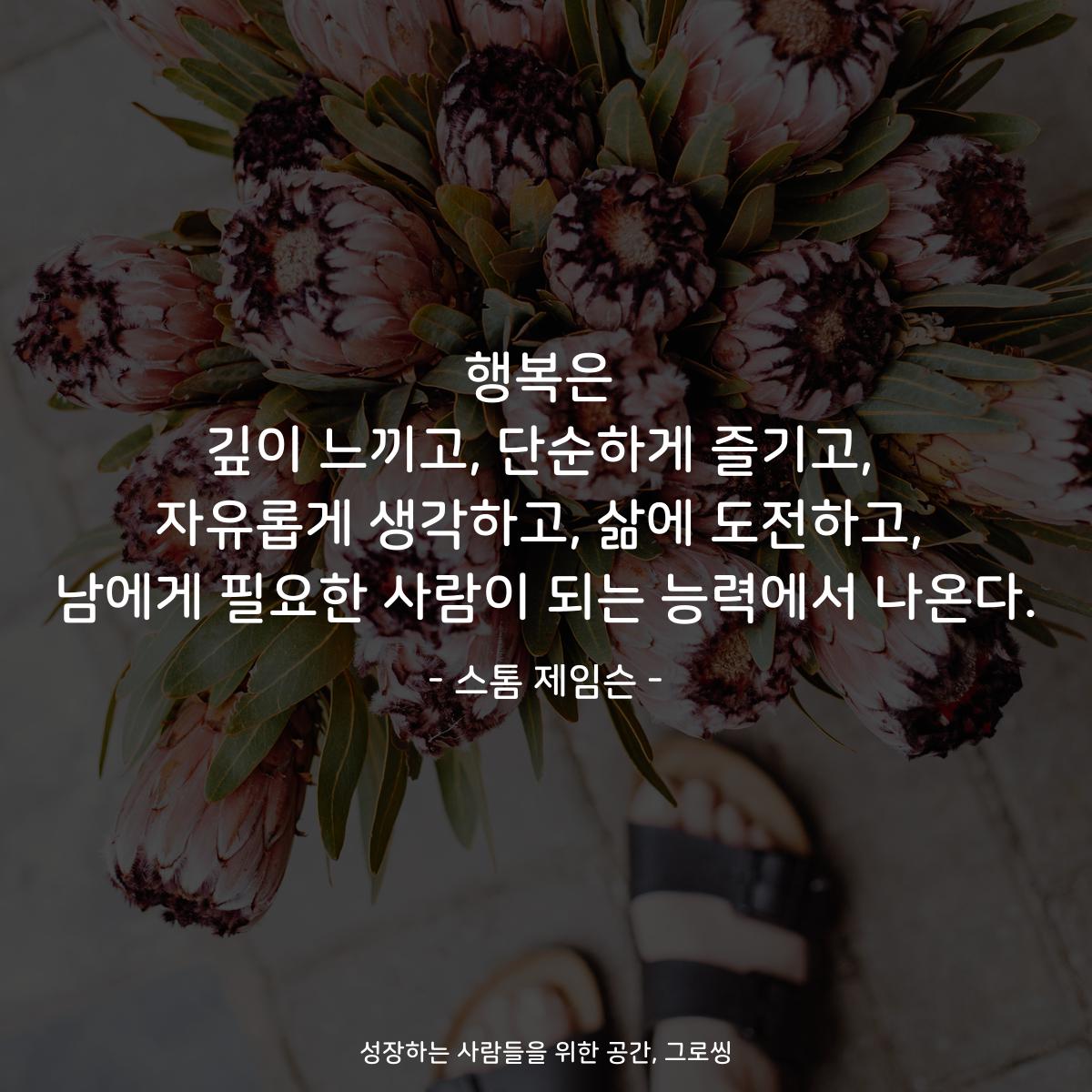 행복은 깊이 느끼고, 단순하게 즐기고, 자유롭게 생각하고, 삶에 도전하고, 남에게 필요한 사람이 되는 능력에서 나온다. - 스톰 제임슨