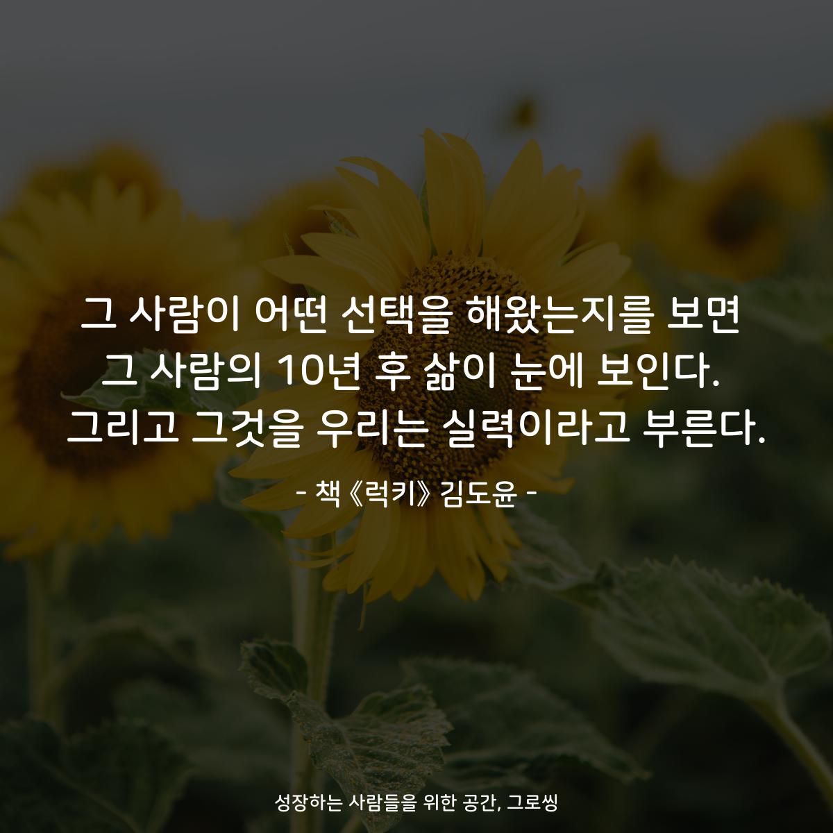 그 사람이 어떤 선택을 해왔는지를 보면 그 사람의 10년 후 삶이 눈에 보인다. 그리고 그것을 우리는 실력이라고 부른다. - 책 《럭키》 김도윤