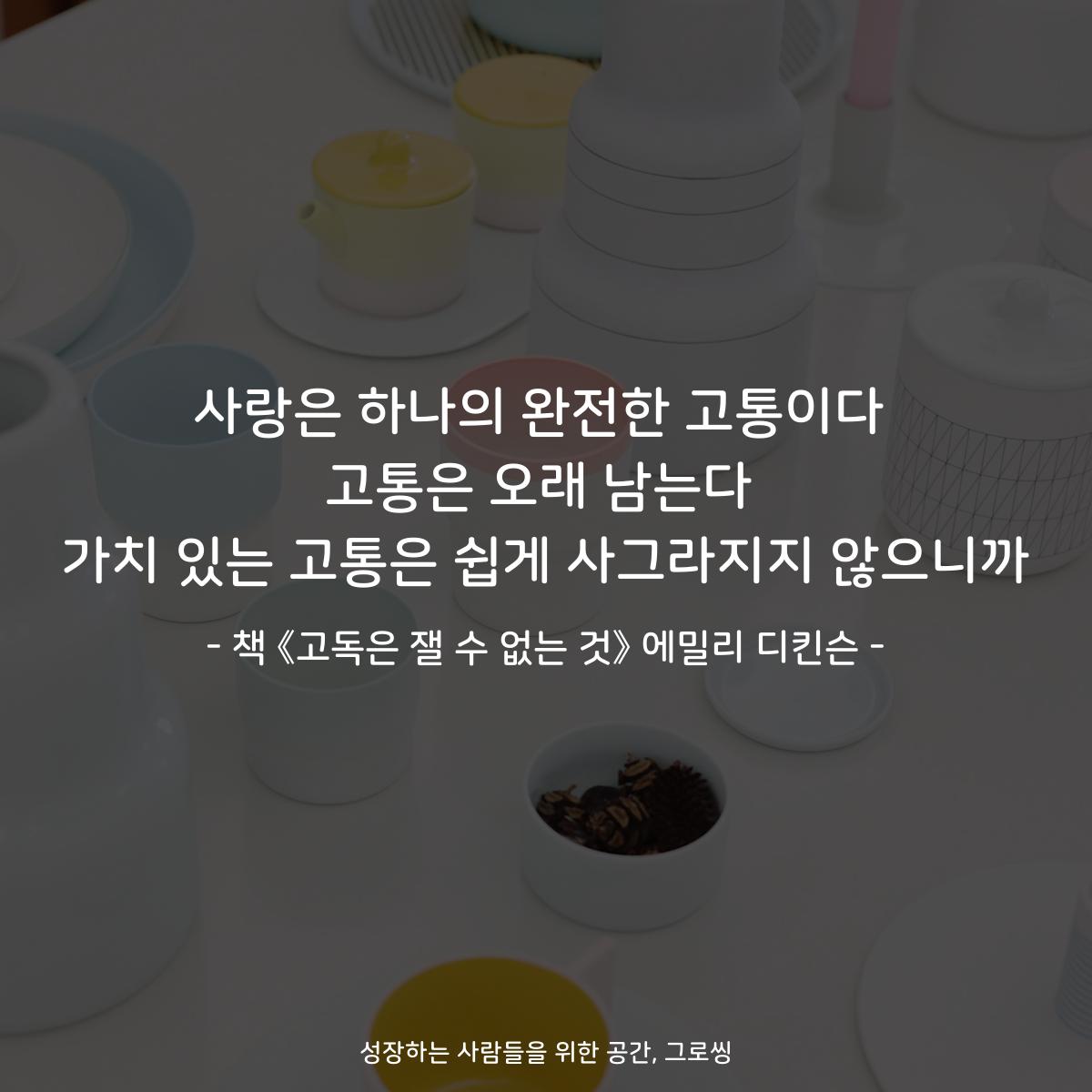 사랑은 하나의 완전한 고통이다 고통은 오래 남는다 가치 있는 고통은 쉽게 사그라지지 않으니까 - 책 《고독은 잴 수 없는 것》 에밀리 디킨슨