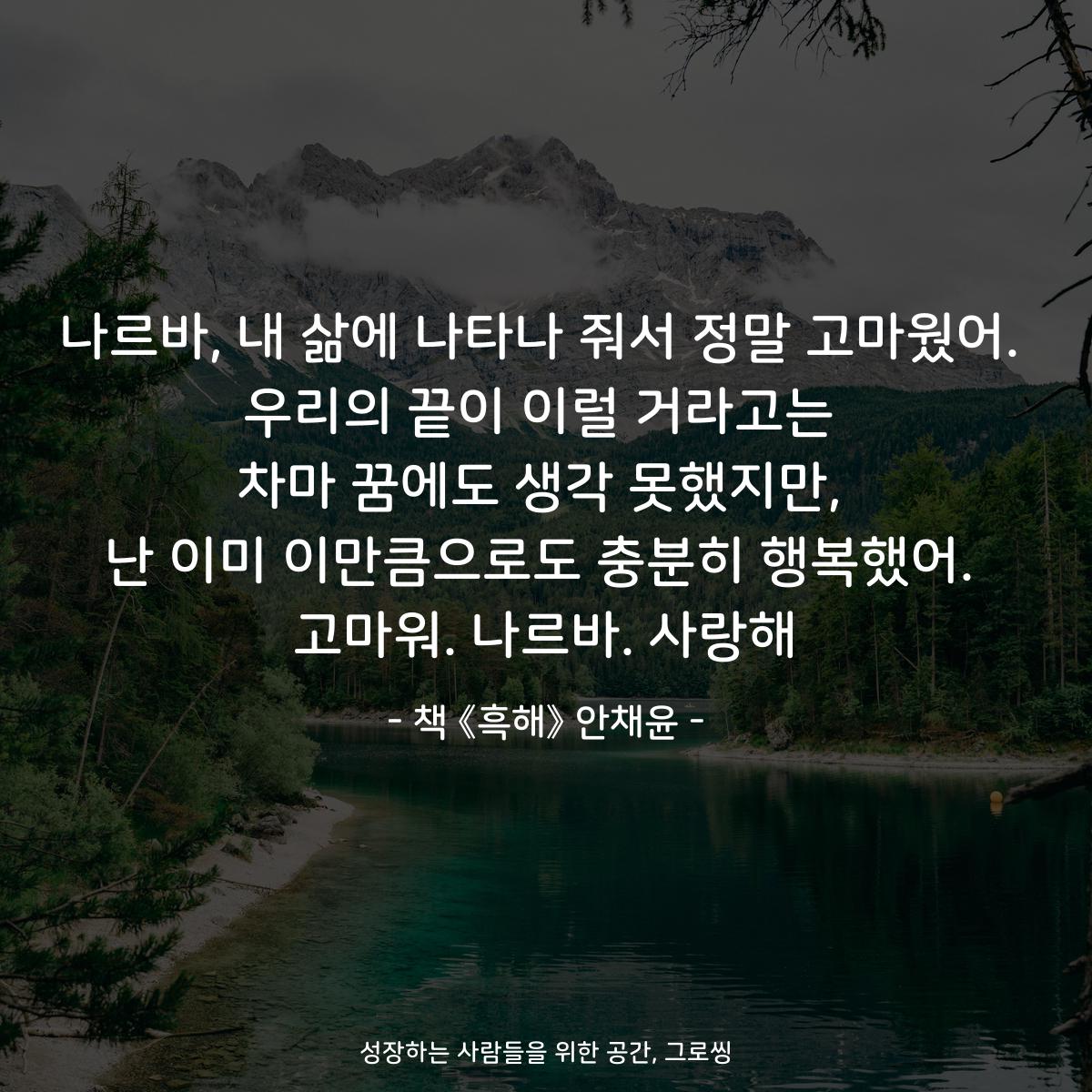 나르바, 내 삶에 나타나 줘서 정말 고마웠어. 우리의 끝이 이럴 거라고는 차마 꿈에도 생각 못했지만, 난 이미 이만큼으로도 충분히 행복했어. 고마워. 나르바. 사랑해 - 책 《흑해》 안채윤