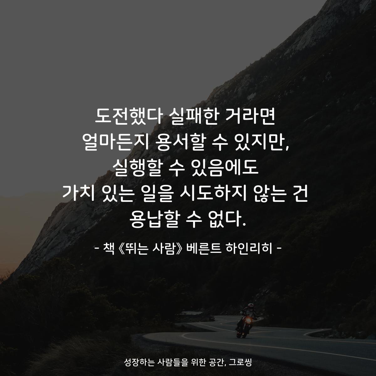 도전했다 실패한 거라면 얼마든지 용서할 수 있지만, 실행할 수 있음에도 가치 있는 일을 시도하지 않는 건 용납할 수 없다. - 책 《뛰는 사람》 베른트 하인리히