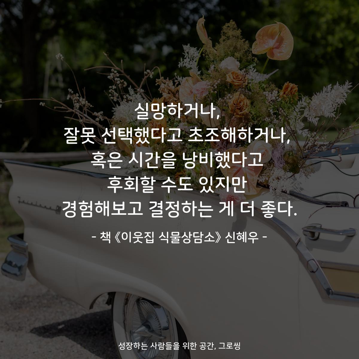 실망하거나, 잘못 선택했다고 초조해하거나, 혹은 시간을 낭비했다고 후회할 수도 있지만 경험해보고 결정하는 게 더 좋다. - 책 《이웃집 식물상담소》 신혜우