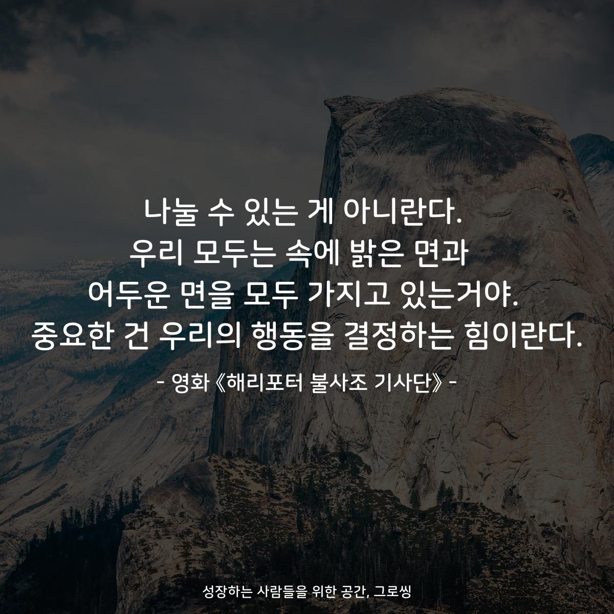 나눌 수 있는 게 아니란다. 우리 모두는 속에 밝은 면과  어두운 면을 모두 가지고 있는거야. 중요한 건 우리의 행동을 결정하는 힘이란다. - 영화 《해리포터 불사조 기사단》