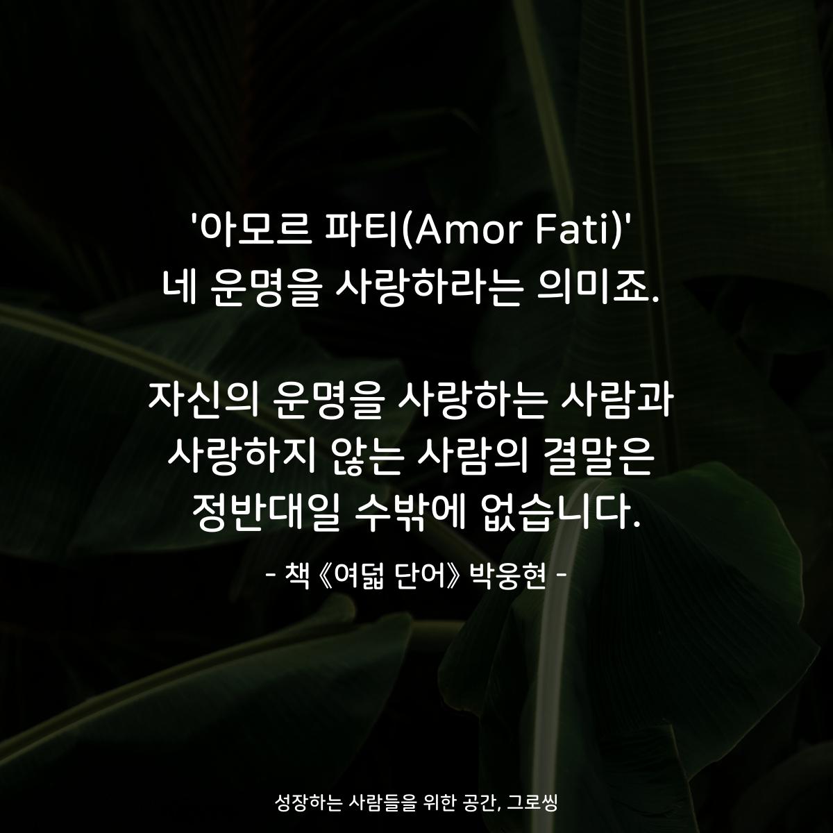 '아모르 파티(Amor Fati)' 네 운명을 사랑하라는 의미죠.  자신의 운명을 사랑하는 사람과 사랑하지 않는 사람의 결말은 정반대일 수밖에 없습니다. - 책 《여덟 단어》 박웅현