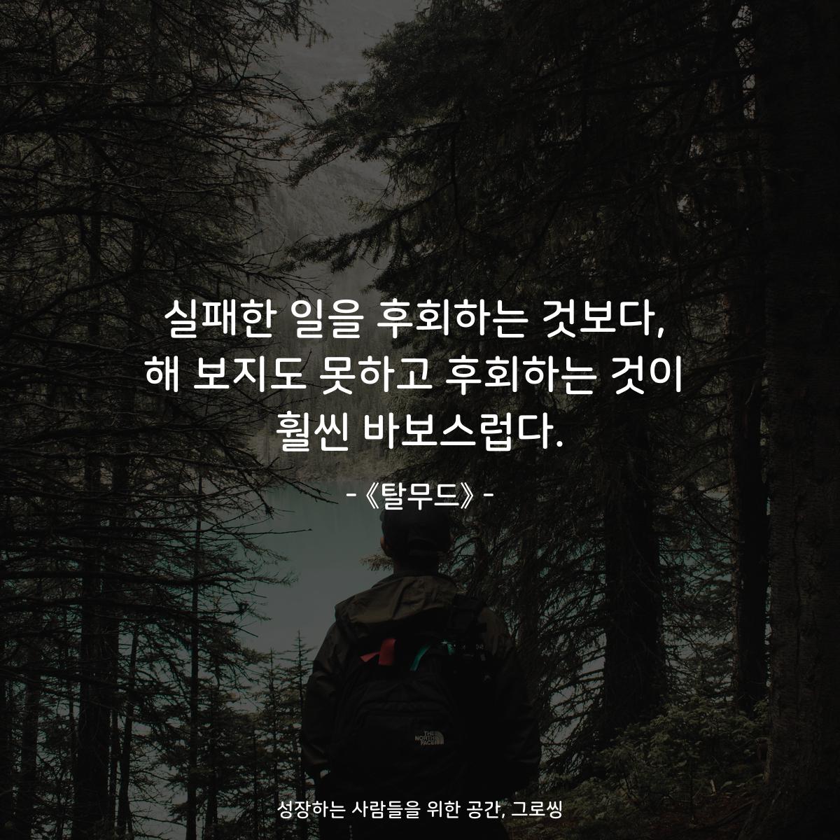 실패한 일을 후회하는 것보다, 해 보지도 못하고 후회하는 것이 훨씬 바보스럽다. - 《탈무드》