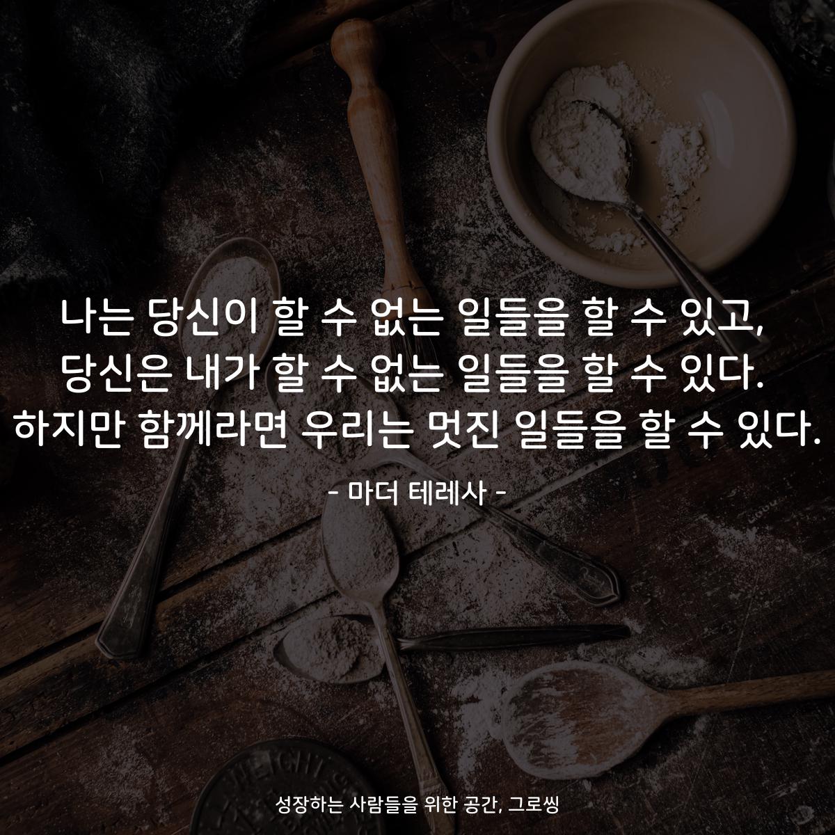 나는 당신이 할 수 없는 일들을 할 수 있고, 당신은 내가 할 수 없는 일들을 할 수 있다. 하지만 함께라면 우리는 멋진 일들을 할 수 있다. - 마더 테레사