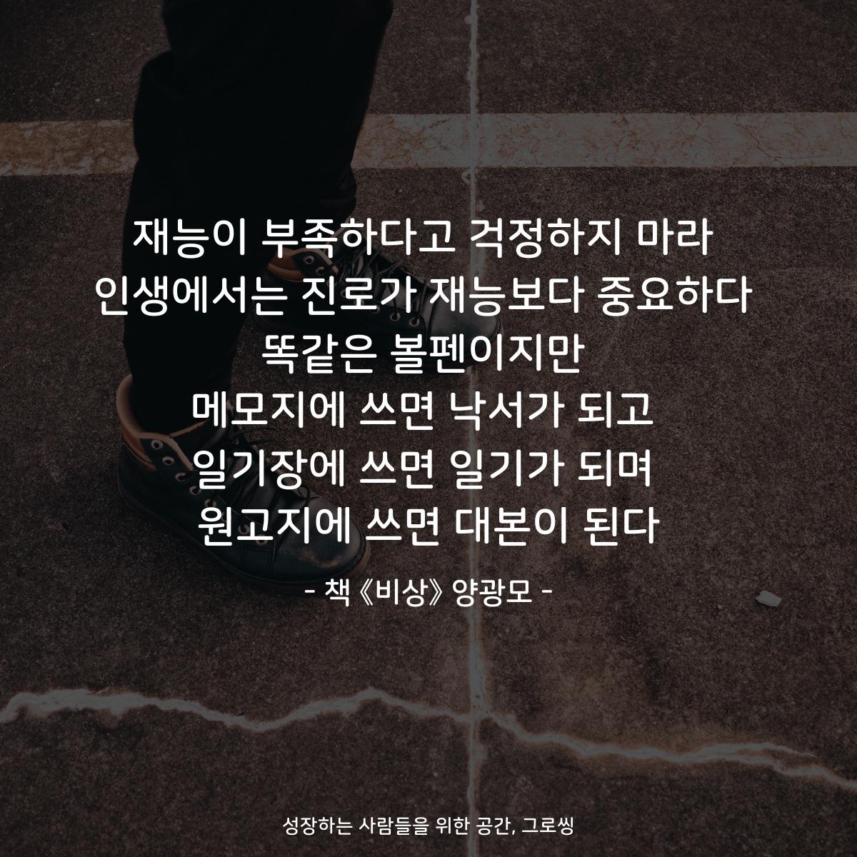재능이 부족하다고 걱정하지 마라 인생에서는 진로가 재능보다 중요하다 똑같은 볼펜이지만 메모지에 쓰면 낙서가 되고 일기장에 쓰면 일기가 되며 원고지에 쓰면 대본이 된다 - 책 《비상》 양광모