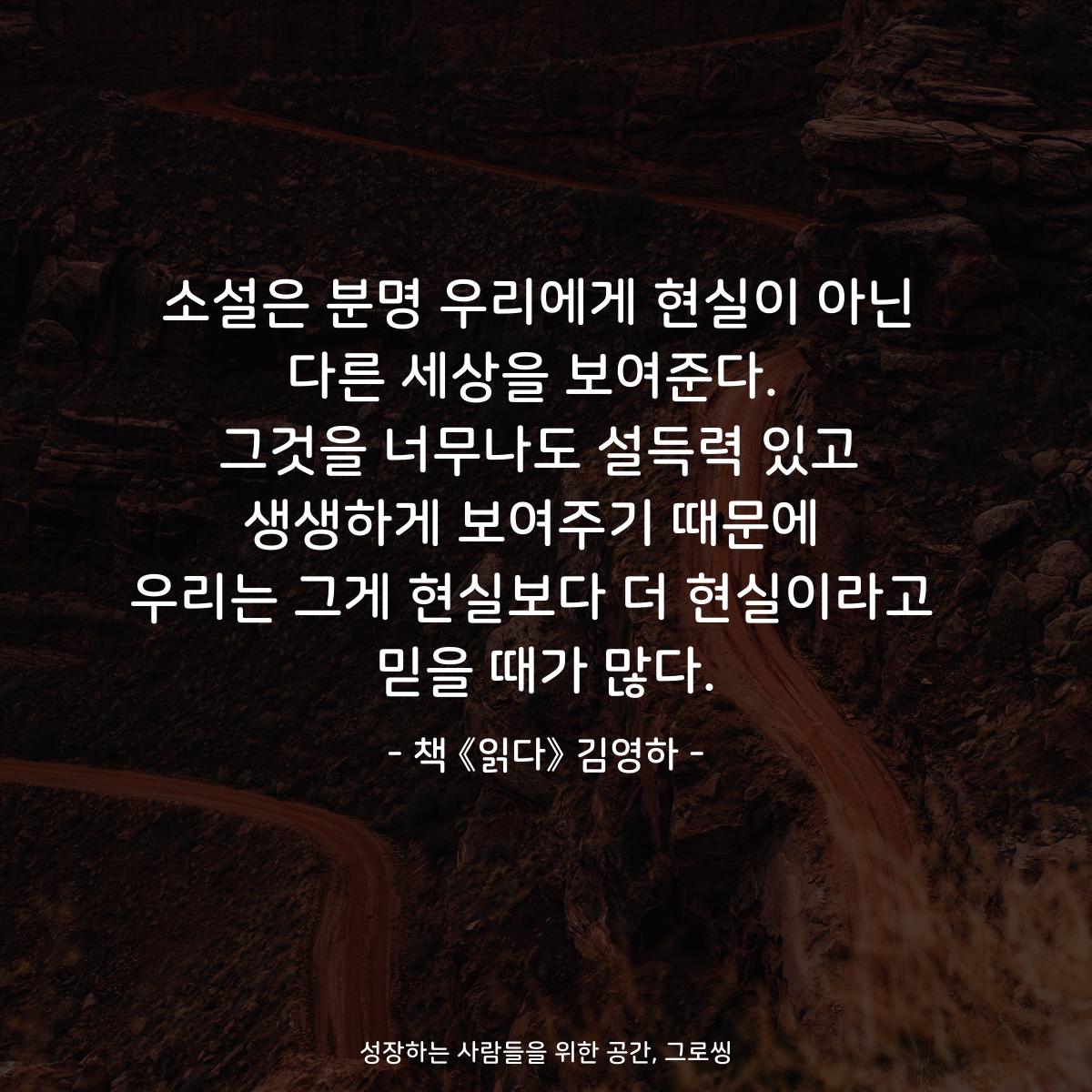 소설은 분명 우리에게 현실이 아닌 다른 세상을 보여준다.  그것을 너무나도 설득력 있고 생생하게 보여주기 때문에  우리는 그게 현실보다 더 현실이라고  믿을 때가 많다. - 책 《읽다》 김영하