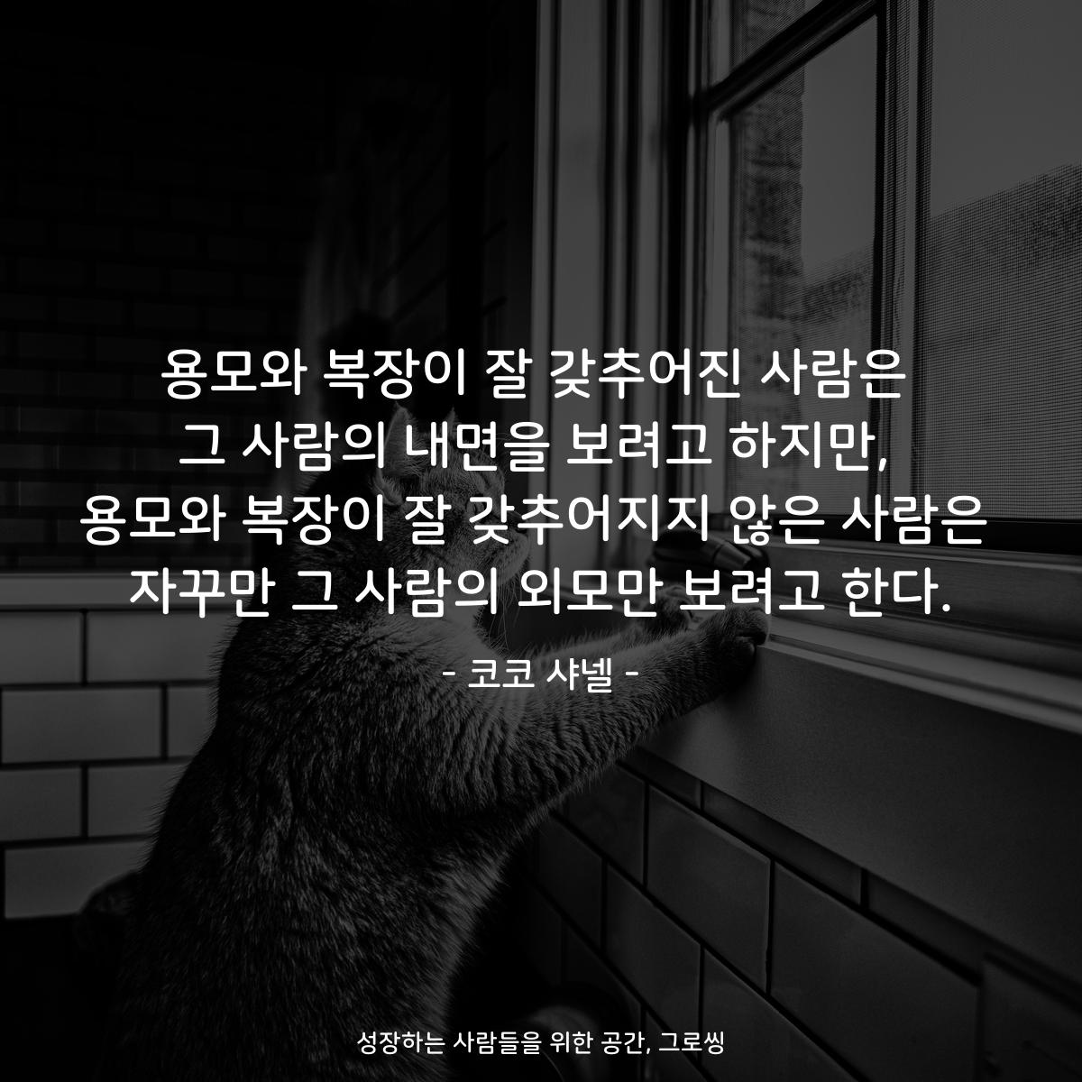 용모와 복장이 잘 갖추어진 사람은 그 사람의 내면을 보려고 하지만, 용모와 복장이 잘 갖추어지지 않은 사람은 자꾸만 그 사람의 외모만 보려고 한다. - 코코 샤넬