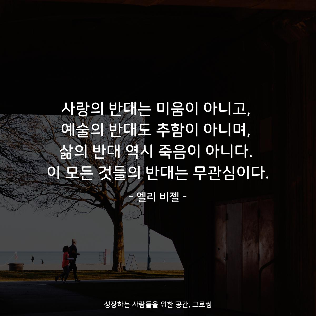 사랑의 반대는 미움이 아니고, 예술의 반대도 추함이 아니며, 삶의 반대 역시 죽음이 아니다. 이 모든 것들의 반대는 무관심이다. - 엘리 비젤