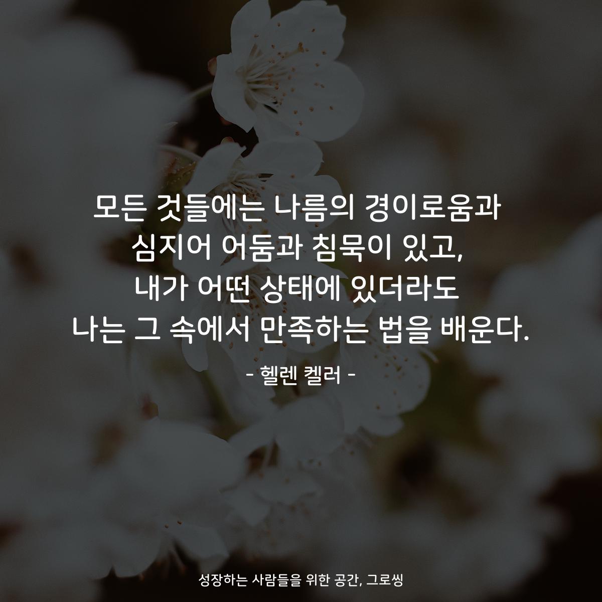 모든 것들에는 나름의 경이로움과 심지어 어둠과 침묵이 있고, 내가 어떤 상태에 있더라도 나는 그 속에서 만족하는 법을 배운다. - 헬렌 켈러