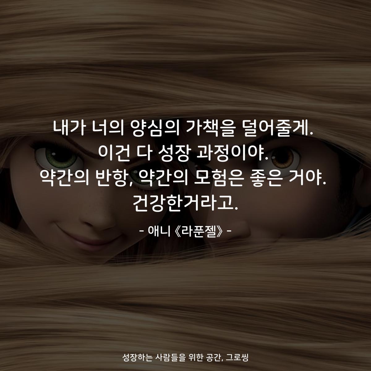 내가 너의 양심의 가책을 덜어줄게. 이건 다 성장 과정이야. 약간의 반항, 약간의 모험은 좋은 거야. 건강한거라고. - 애니 《라푼젤》