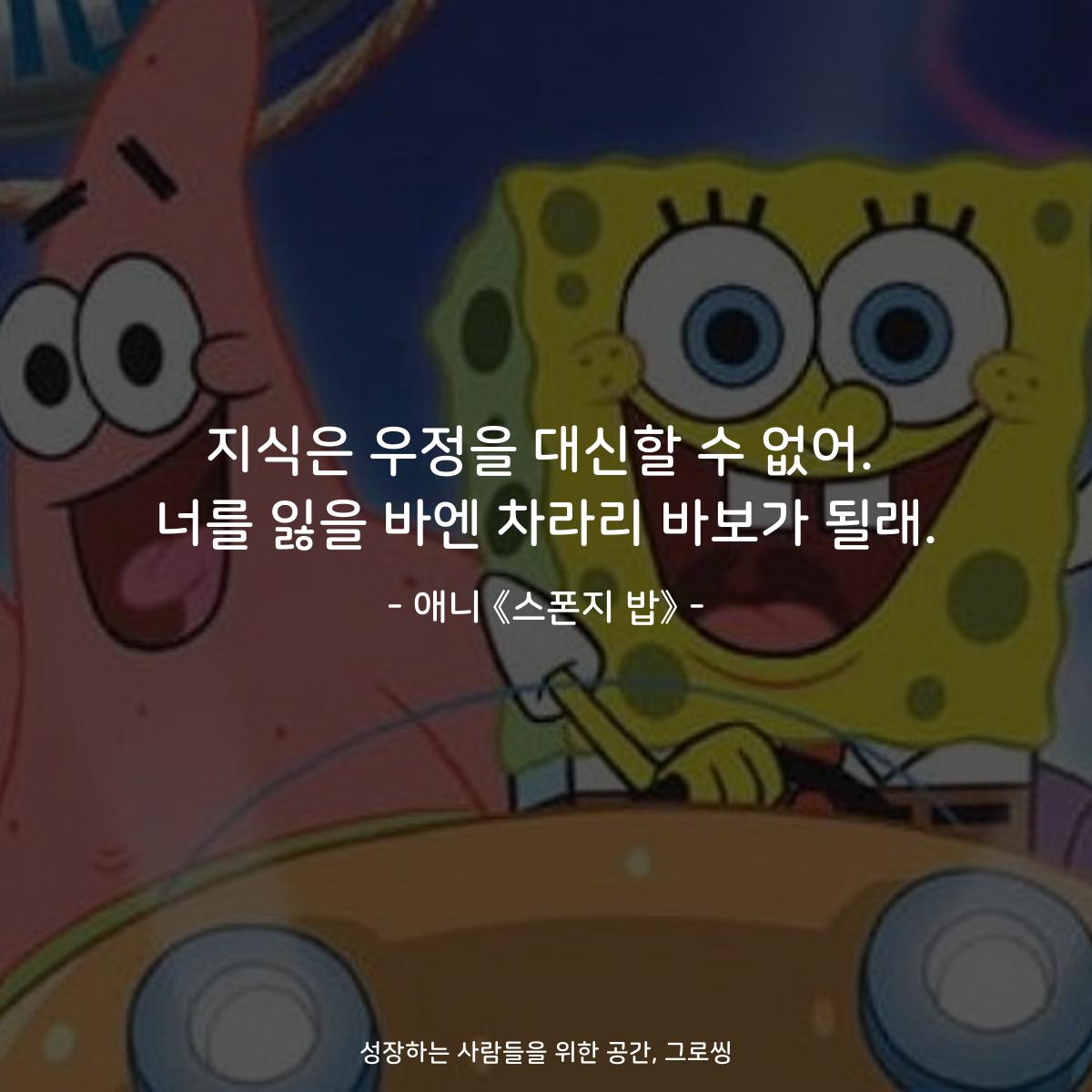 지식은 우정을 대신할 수 없어. 너를 잃을 바엔 차라리 바보가 될래. - 애니 《스폰지 밥》