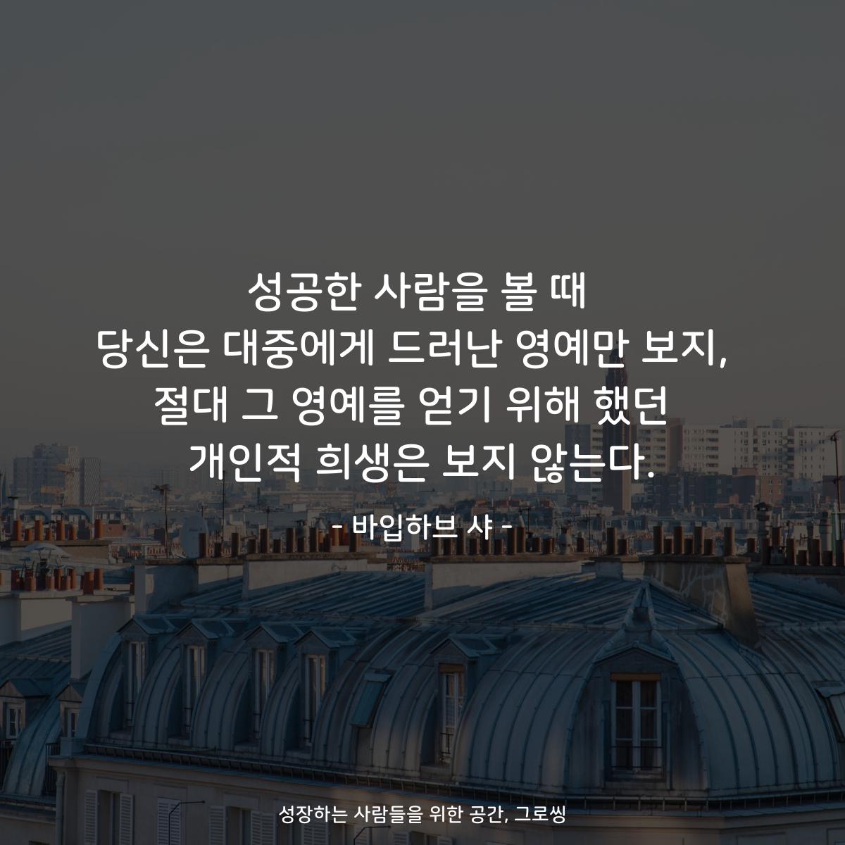 성공한 사람을 볼 때 당신은 대중에게 드러난 영예만 보지,  절대 그 영예를 얻기 위해 했던  개인적 희생은 보지 않는다. - 바입하브 샤