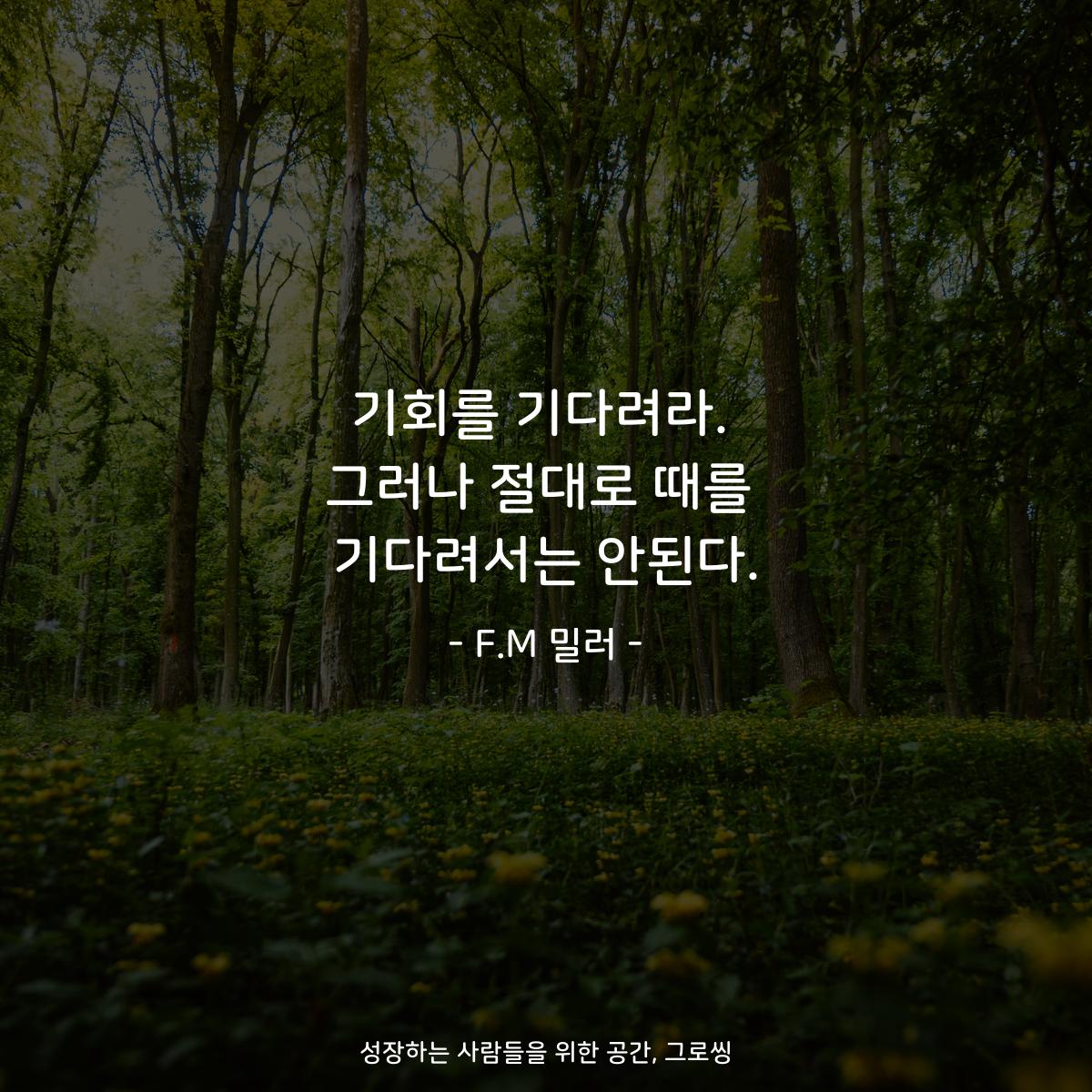 기회를 기다려라. 그러나 절대로 때를 기다려서는 안된다. - F.M 밀러