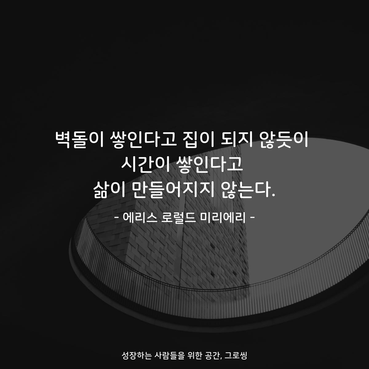 벽돌이 쌓인다고 집이 되지 않듯이 시간이 쌓인다고 삶이 만들어지지 않는다. - 에리스 로럴드 미리에리
