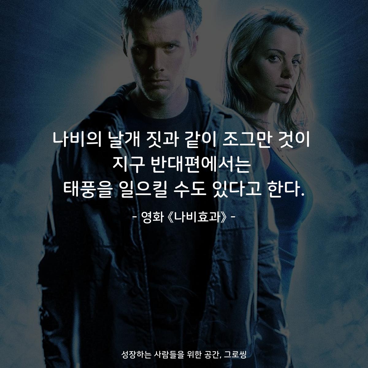 나비의 날개 짓과 같이 조그만 것이 지구 반대편에서는 태풍을 일으킬 수도 있다고 한다. - 영화 《나비효과》