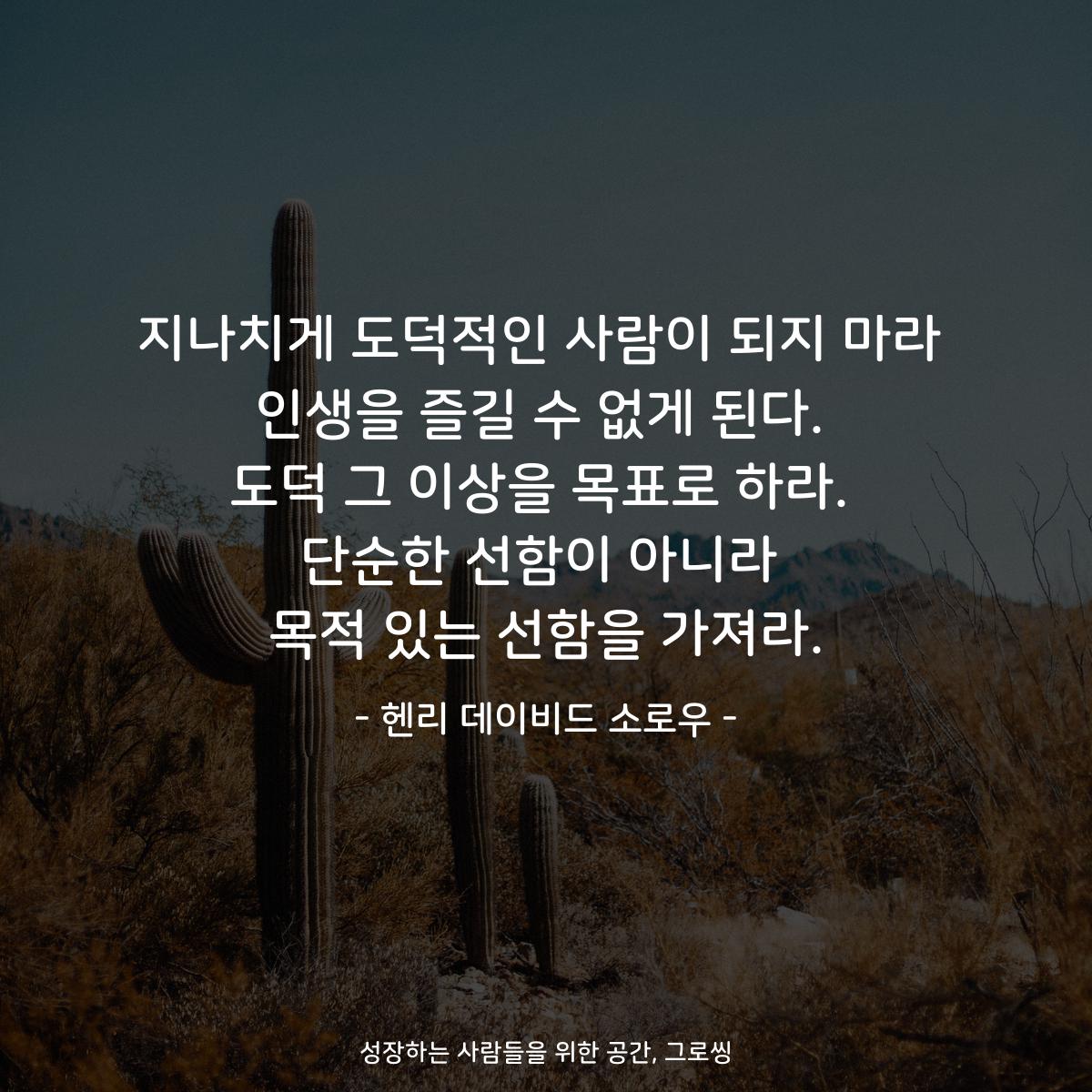 지나치게 도덕적인 사람이 되지 마라 인생을 즐길 수 없게 된다. 도덕 그 이상을 목표로 하라. 단순한 선함이 아니라 목적 있는 선함을 가져라. - 헨리 데이비드 소로우