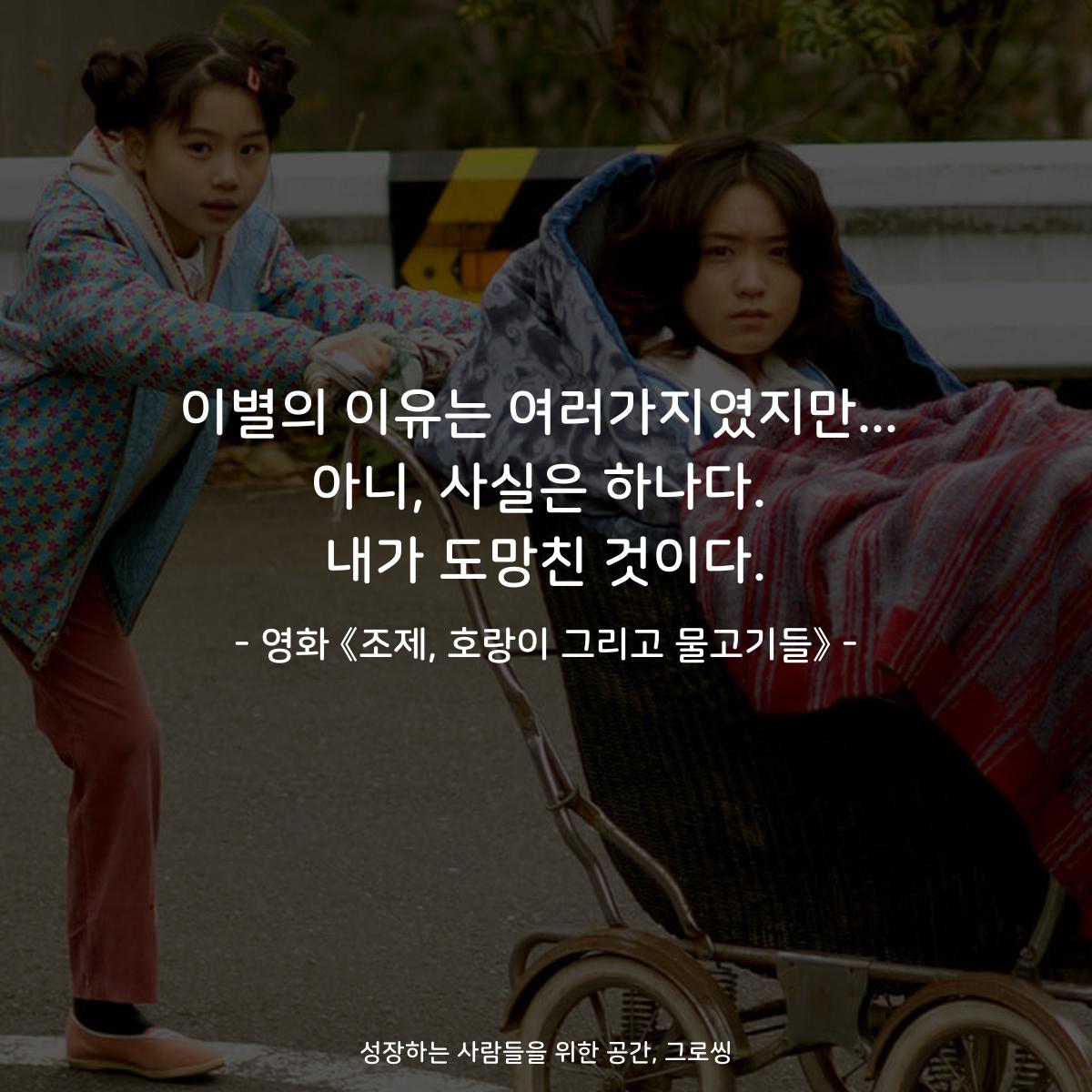 이별의 이유는 여러가지였지만... 아니, 사실은 하나다. 내가 도망친 것이다. - 영화 《조제, 호랑이 그리고 물고기들》