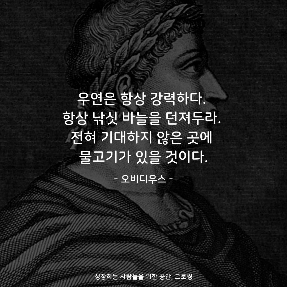 우연은 항상 강력하다. 항상 낚싯 바늘을 던져두라. 전혀 기대하지 않은 곳에 물고기가 있을 것이다. - 오비디우스