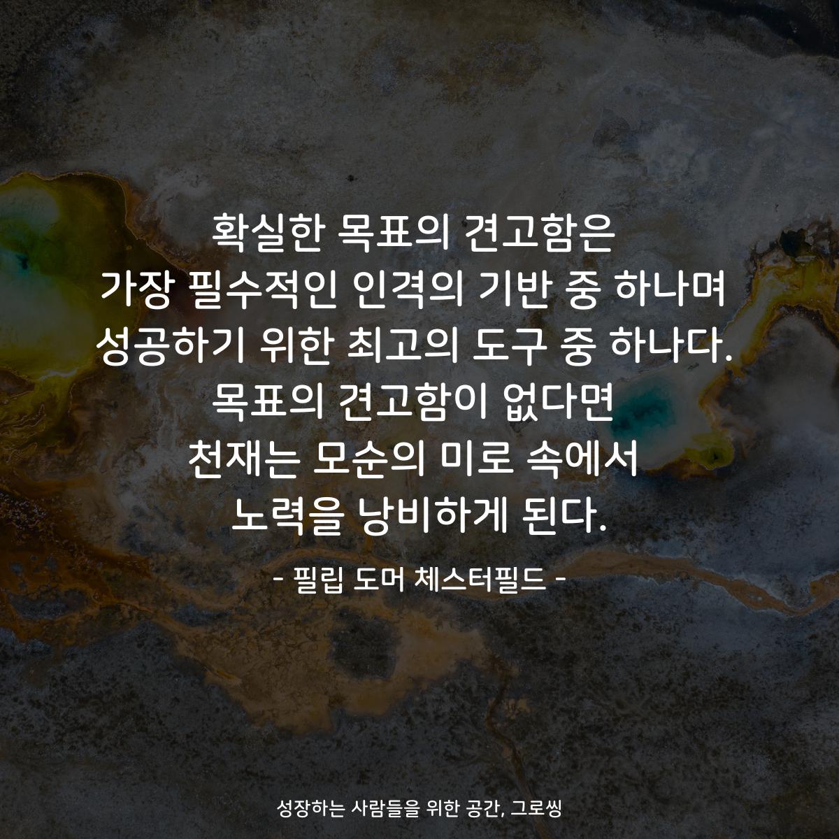 확실한 목표의 견고함은 가장 필수적인 인격의 기반 중 하나며 성공하기 위한 최고의 도구 중 하나다. 목표의 견고함이 없다면 천재는 모순의 미로 속에서 노력을 낭비하게 된다. - 필립 도머 체스터필드