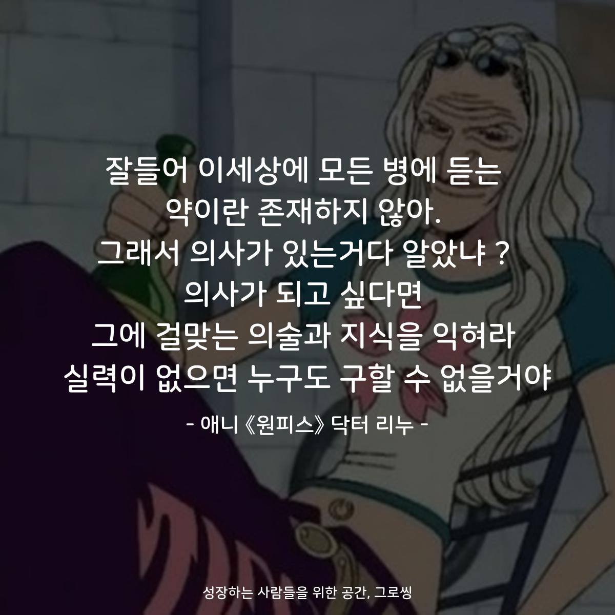 잘들어 이세상에 모든 병에 듣는 약이란 존재하지 않아. 그래서 의사가 있는거다 알았냐 ? 의사가 되고 싶다면 그에 걸맞는 의술과 지식을 익혀라 실력이 없으면 누구도 구할 수 없을거야 - 애니 《원피스》 닥터 리누