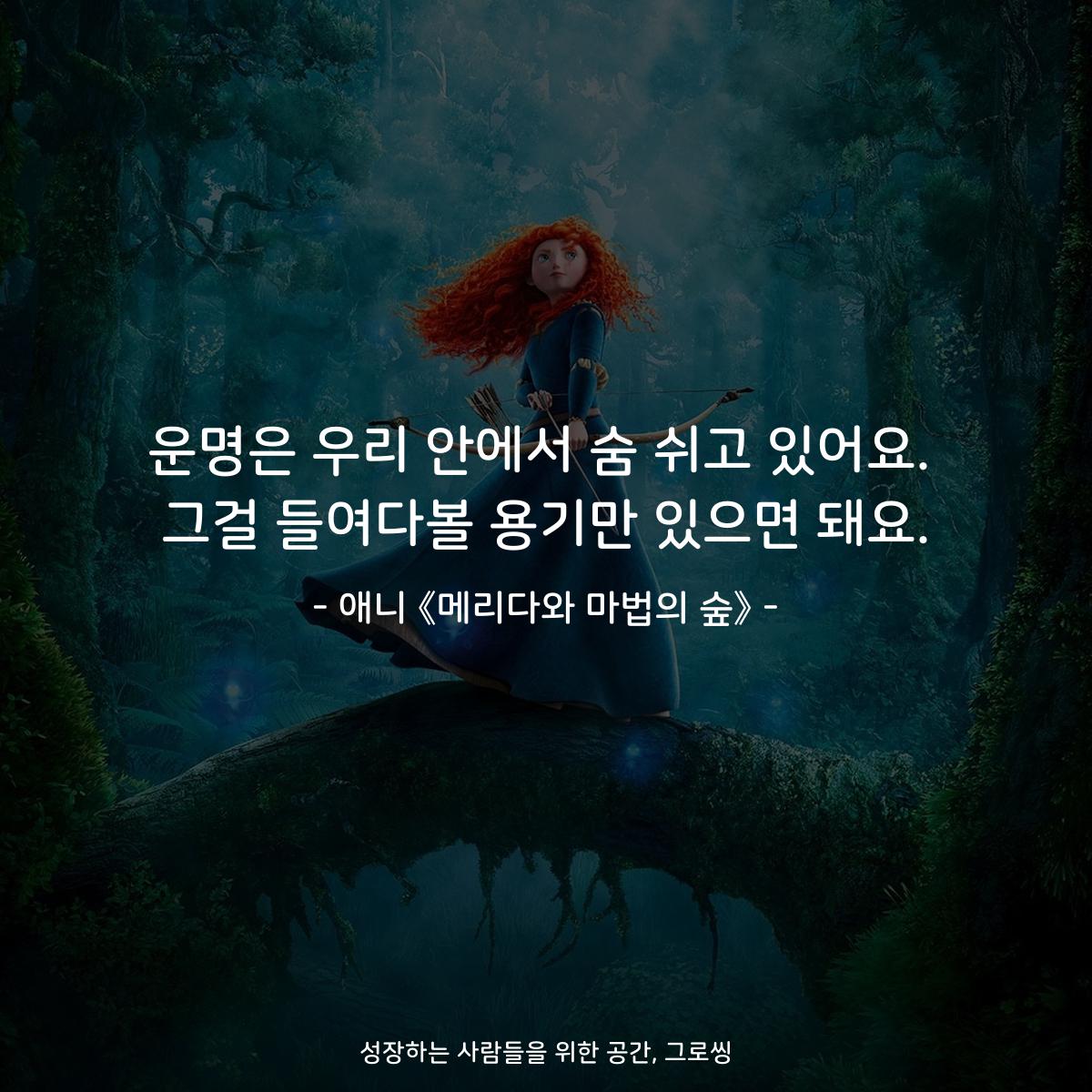 운명은 우리 안에서 숨 쉬고 있어요. 그걸 들여다볼 용기만 있으면 돼요. - 애니 《메리다와 마법의 숲》