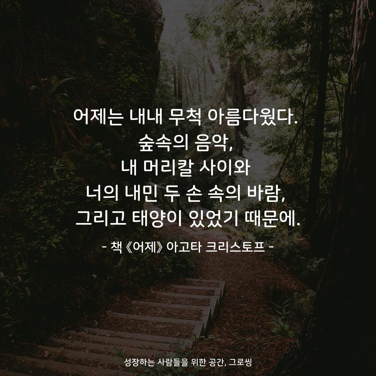 어제는 내내 무척 아름다웠다. 숲속의 음악, 내 머리칼 사이와 너의 내민 두 손 속의 바람, 그리고 태양이 있었기 때문에. - 책 《어제》 아고타 크리스토프
