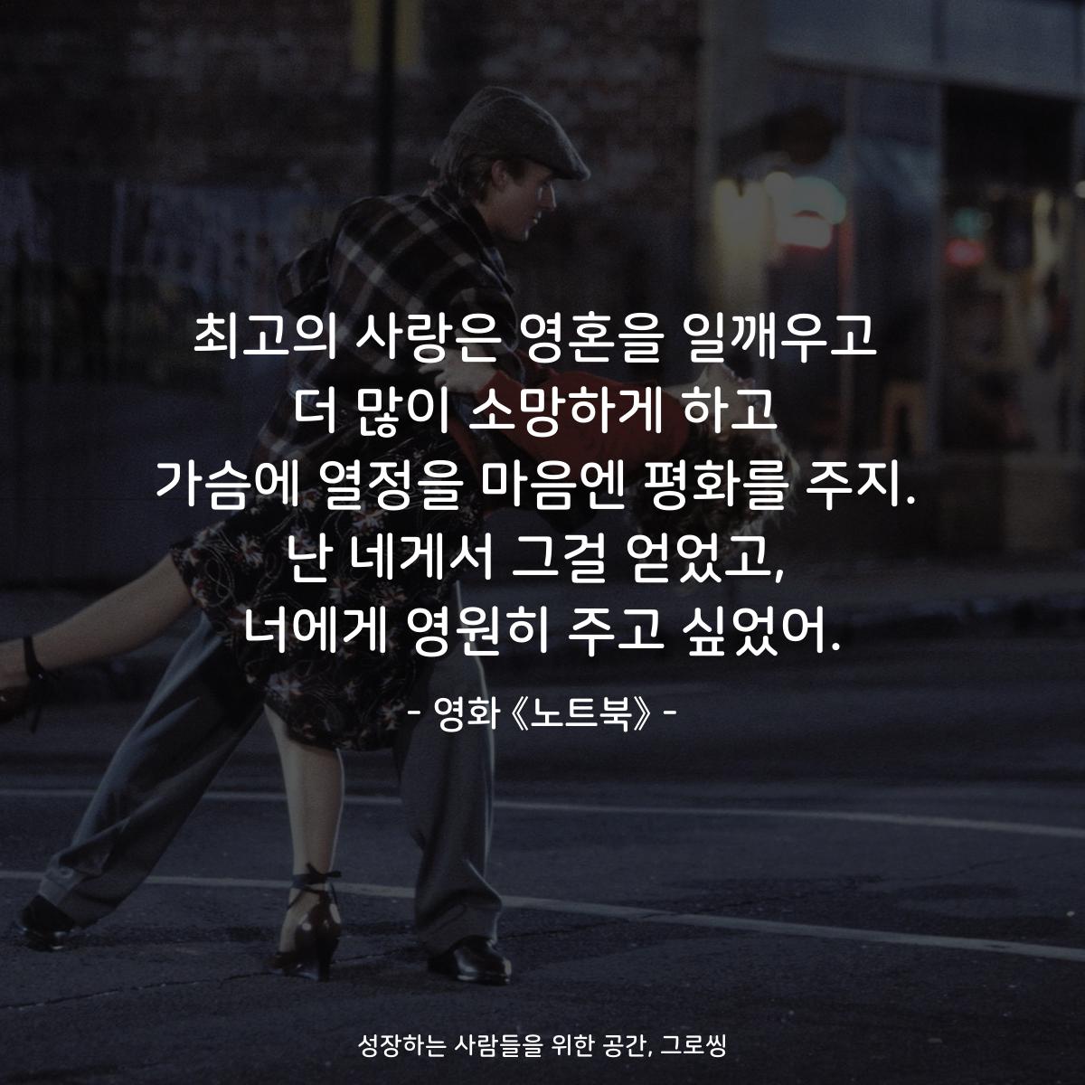 최고의 사랑은 영혼을 일깨우고 더 많이 소망하게 하고 가슴에 열정을 마음엔 평화를 주지. 난 네게서 그걸 얻었고, 너에게 영원히 주고 싶었어. - 영화 《노트북》